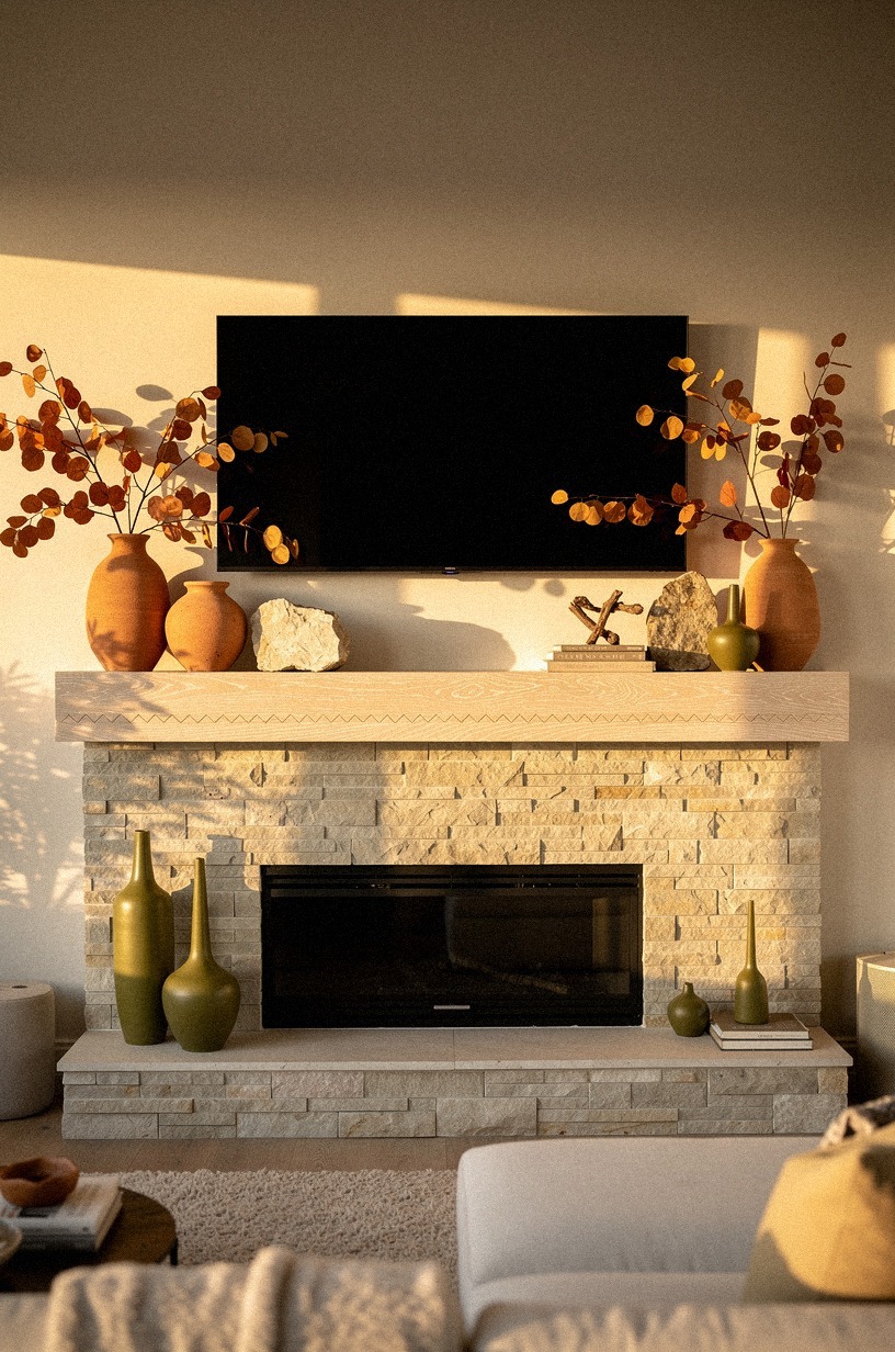 Frame the TV with low amber eucalyptus