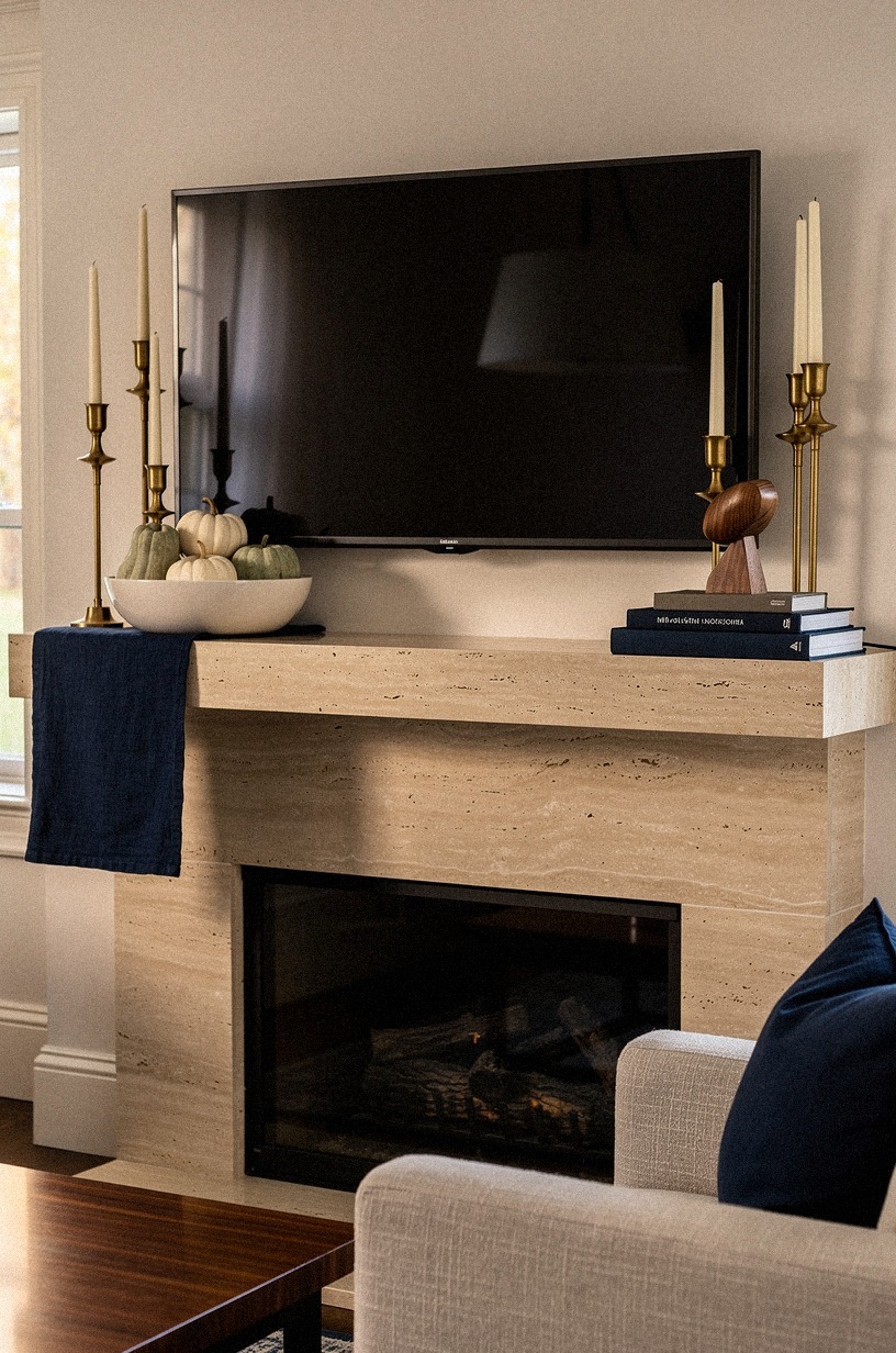 Layer brass candlesticks below the TV corners