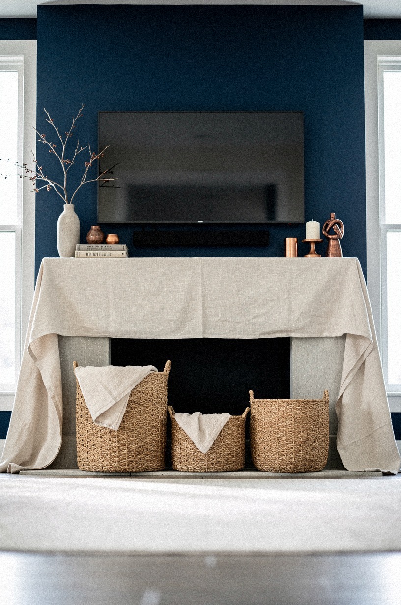Style the hearth with matching woven baskets