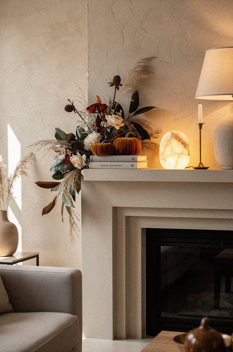 Anchor the garland with caramel velvet pumpkins