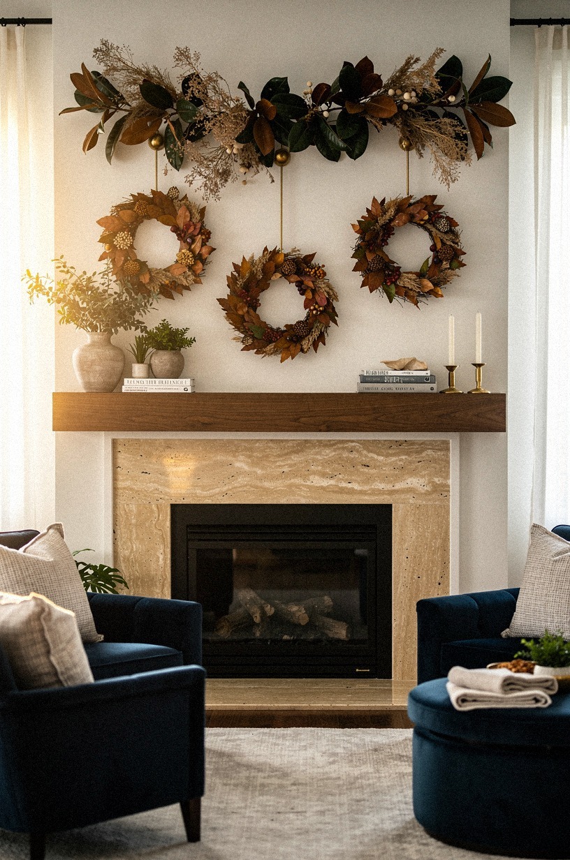 Hang tiny fall wreaths from brass hooks