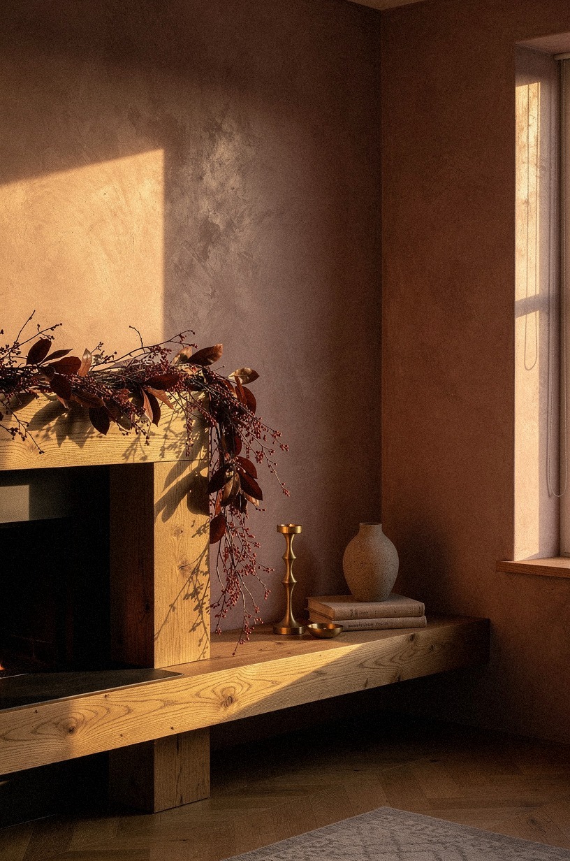 Weave burgundy maple stems along the mantel