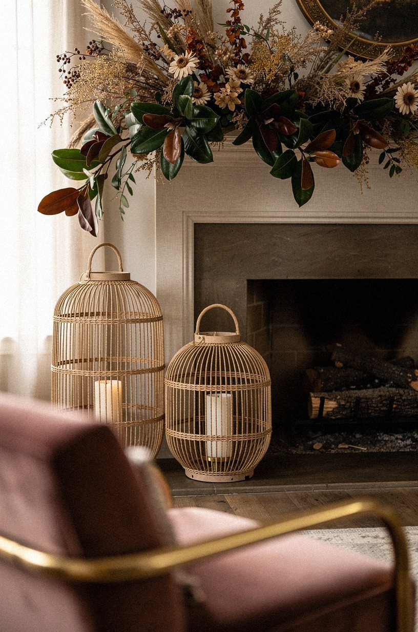 Frame the firebox with woven basket lanterns