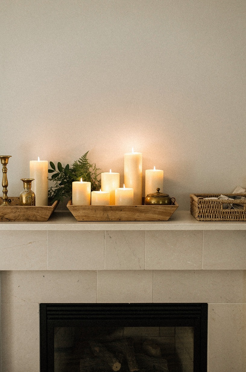 Stack Pillar Candles Inside Wooden Trays
