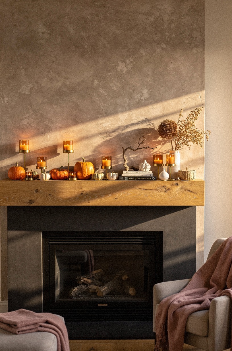 Add Amber Votives Between Small Pumpkins
