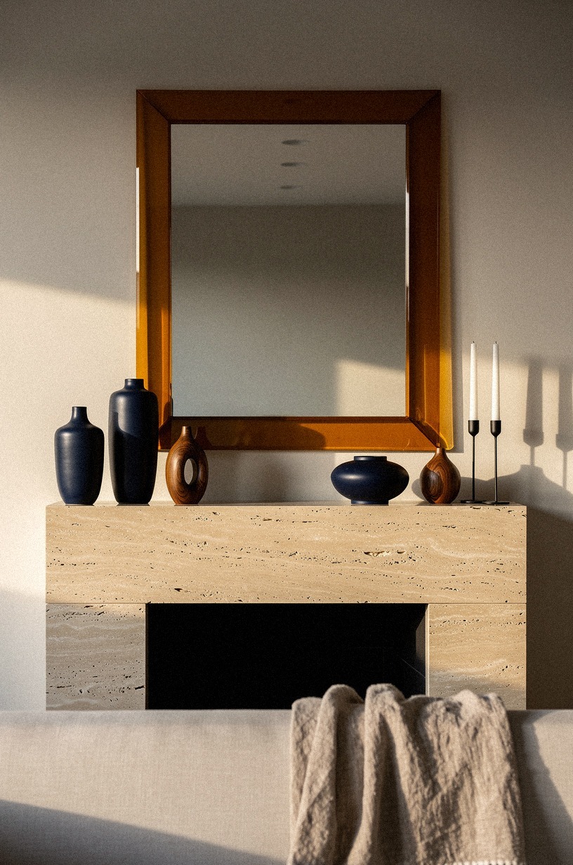Frame the center mirror with amber glass (Warmth Without More Pumpkins)