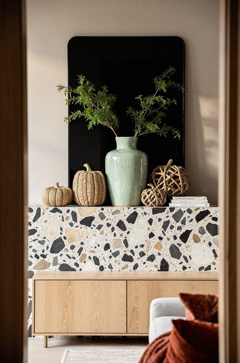 Layer a black mirror behind woven pumpkins (Dark Backdrop, Soft Front)