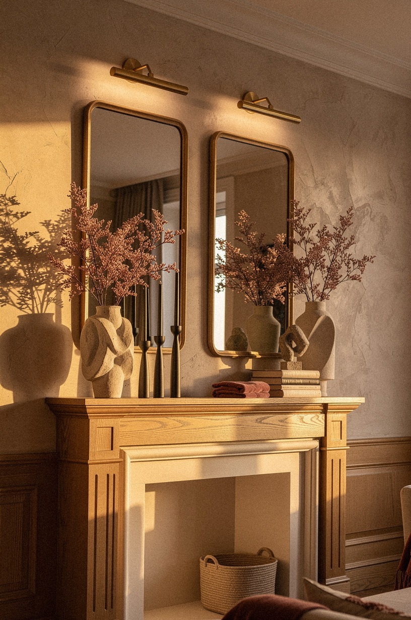 Offset twin mirrors for an asymmetrical mantel (The Off-Center Calm)