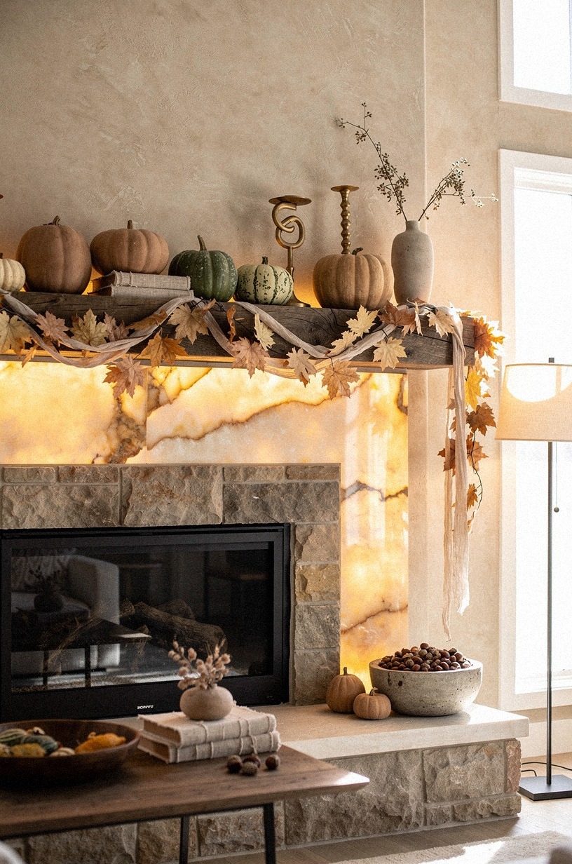 Drape maple garland across the mantel face