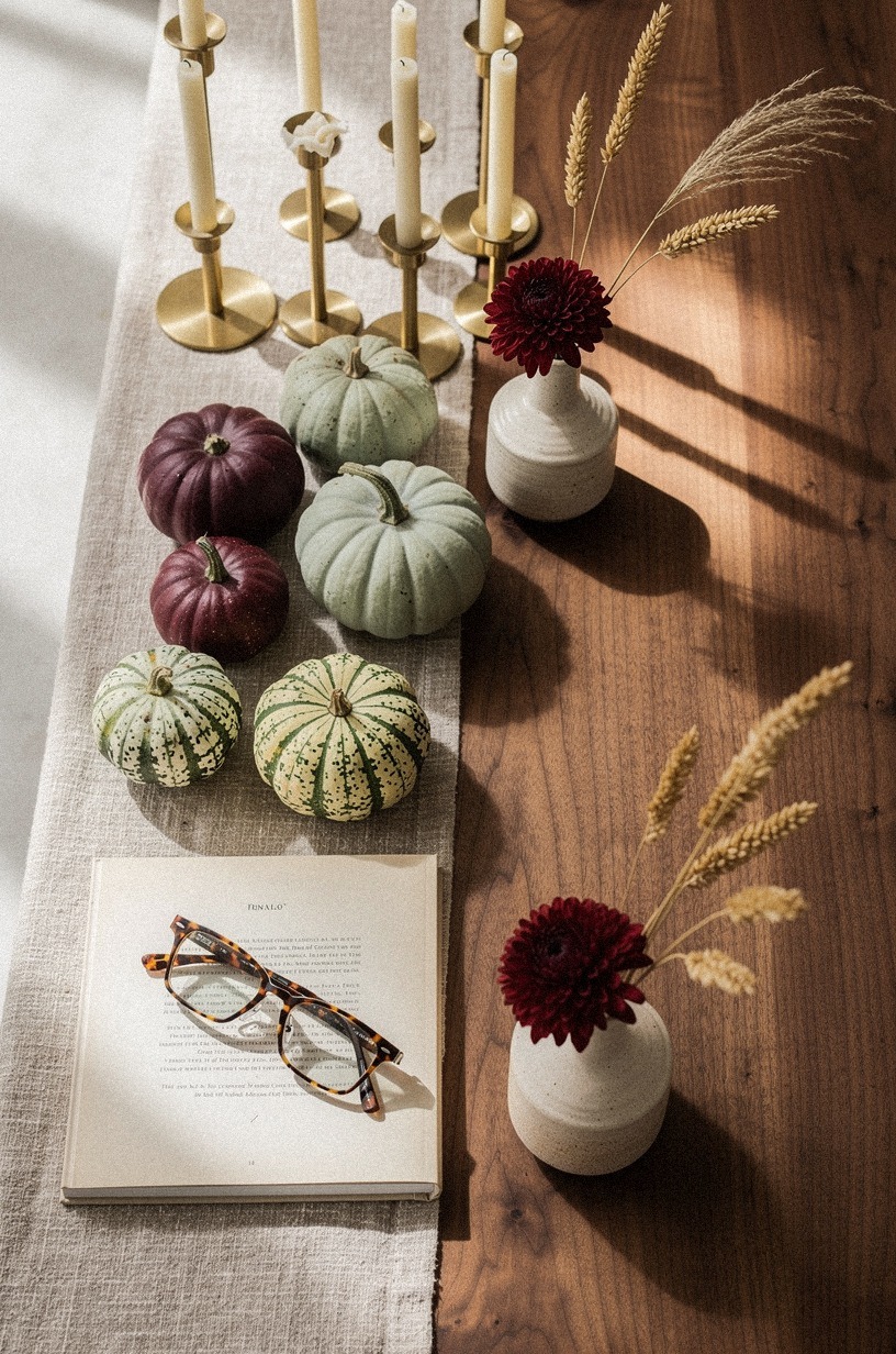 Layer brass candlesticks behind mini gourds