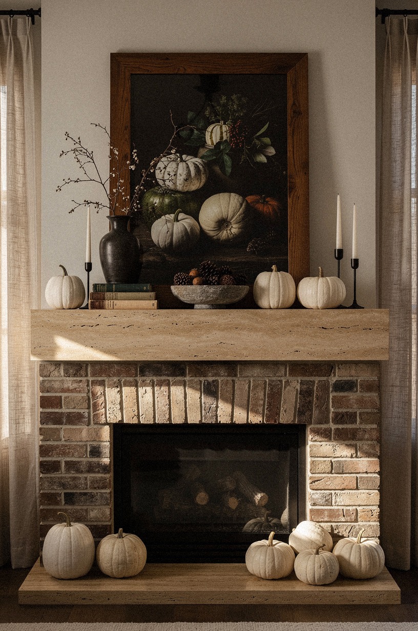 Lean one moody harvest piece against the brick firebox