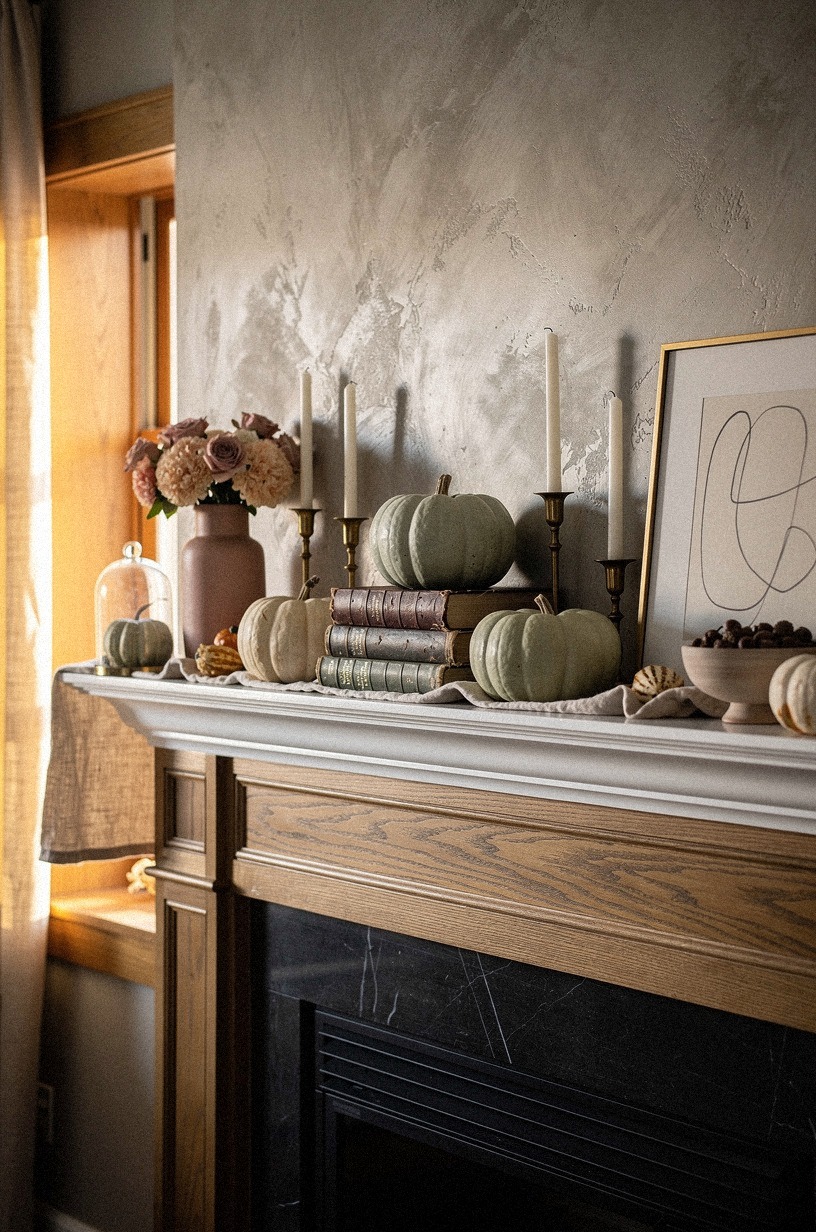 Stack vintage books first, then cluster cream pumpkins on top