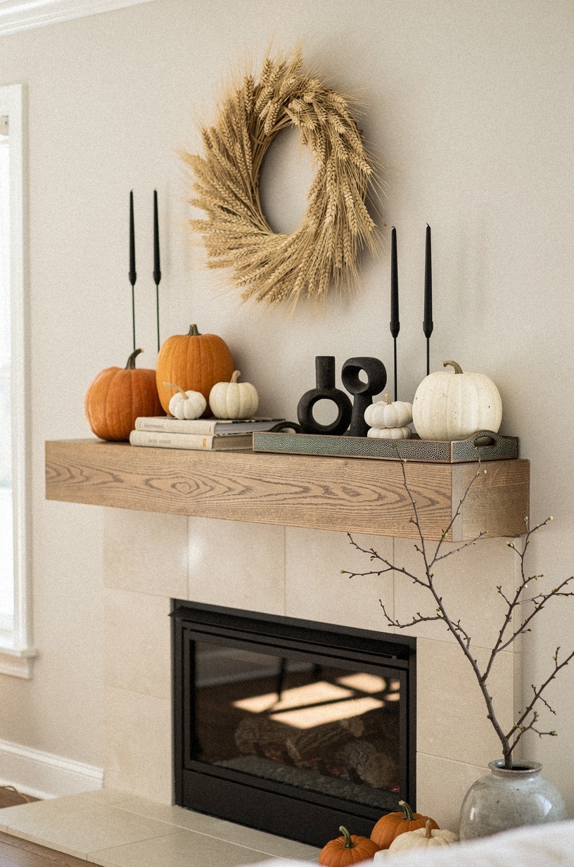 Hang a wheat wreath above the firebox when the mantel is full