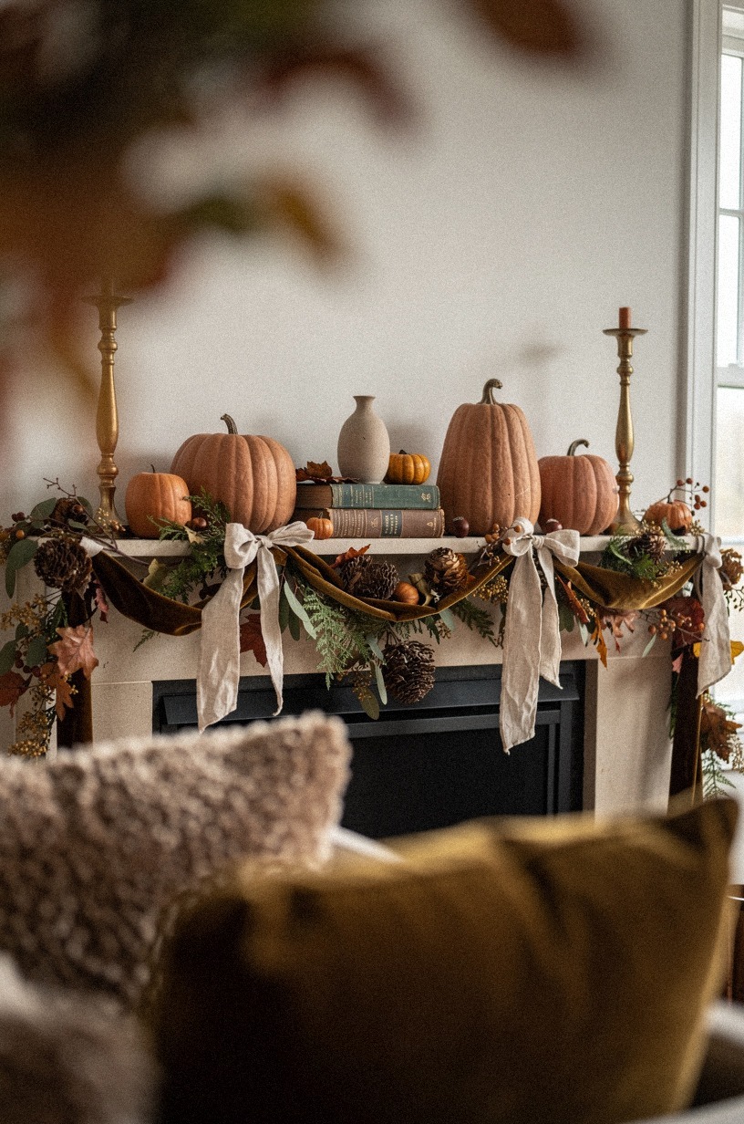 Run cotton velvet ribbon through the autumn greenery, never a giant bow