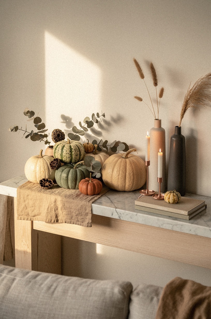 Balance oversized pumpkins at both mantel edges, not the center