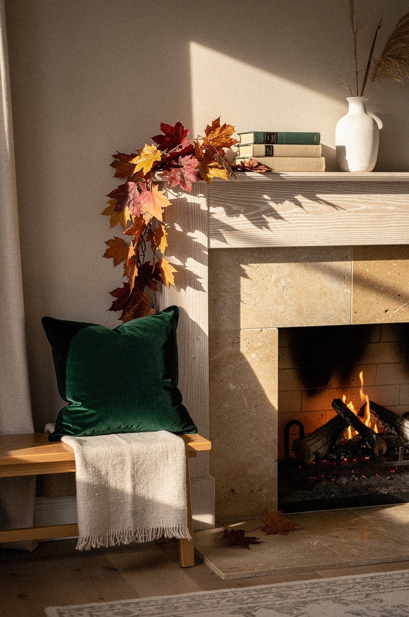 cascade maple leaves down the mantel corner