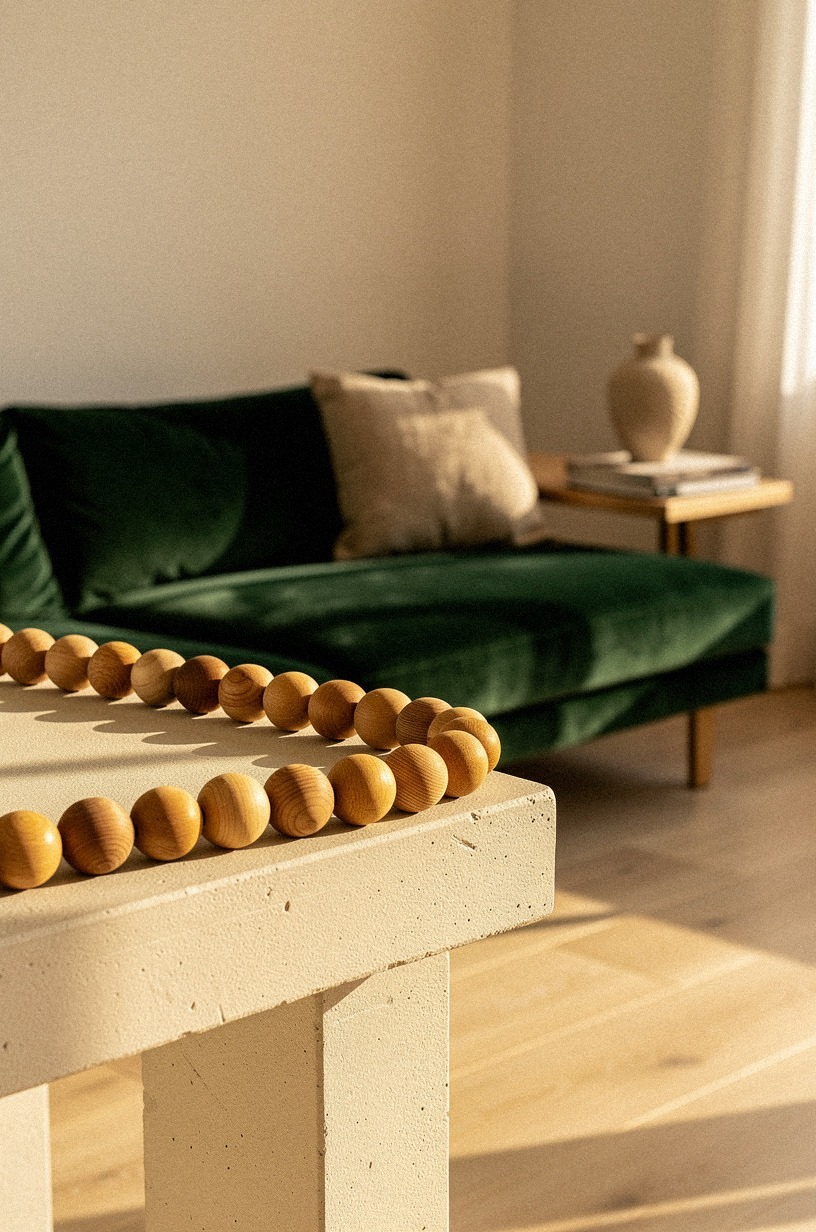 Float a chunky wood bead garland on the mantel edge