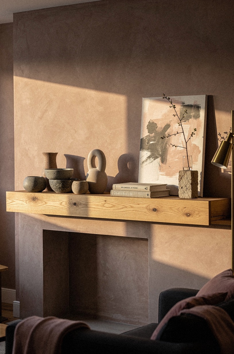 Cluster stone bowls near one mantel edge