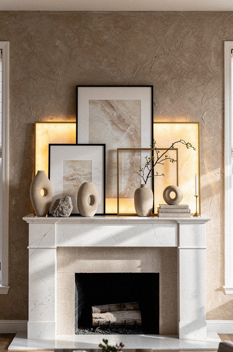 Layer framed art in staggered heights