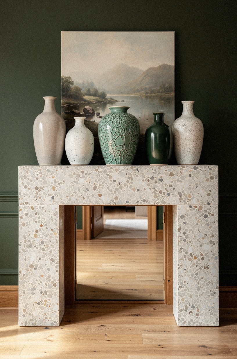 Lean a landscape print behind sculptural vases