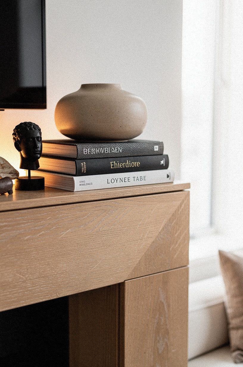 Stack coffee table books under low pottery