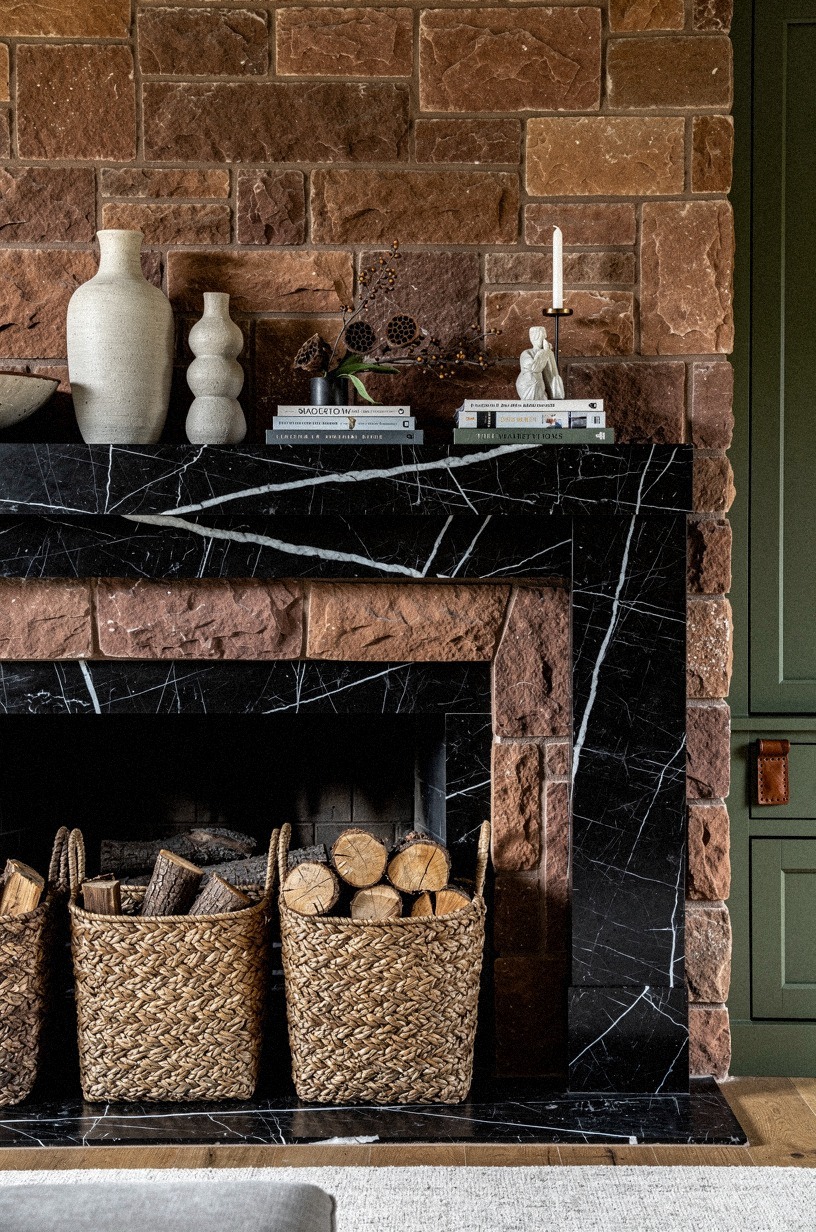 Frame the hearth with woven log baskets