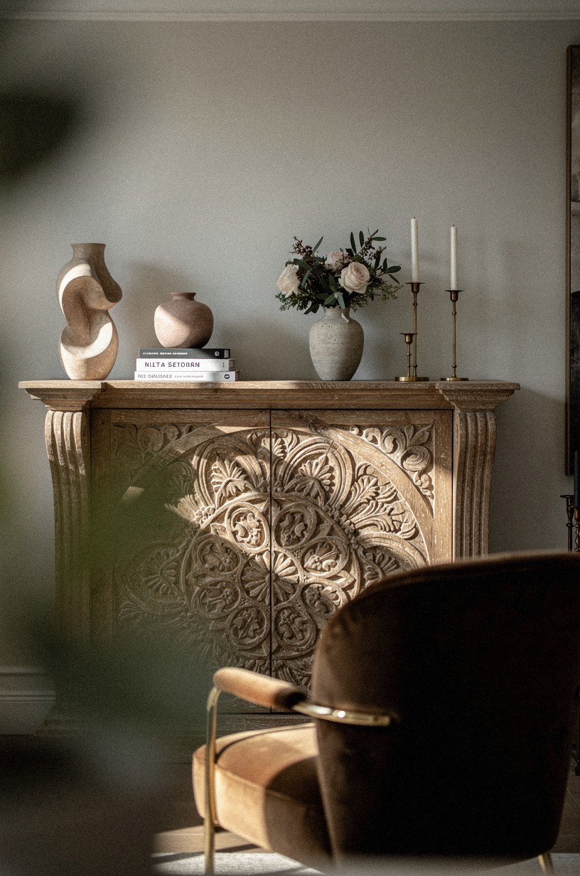 Anchor the center with a carved wood panel