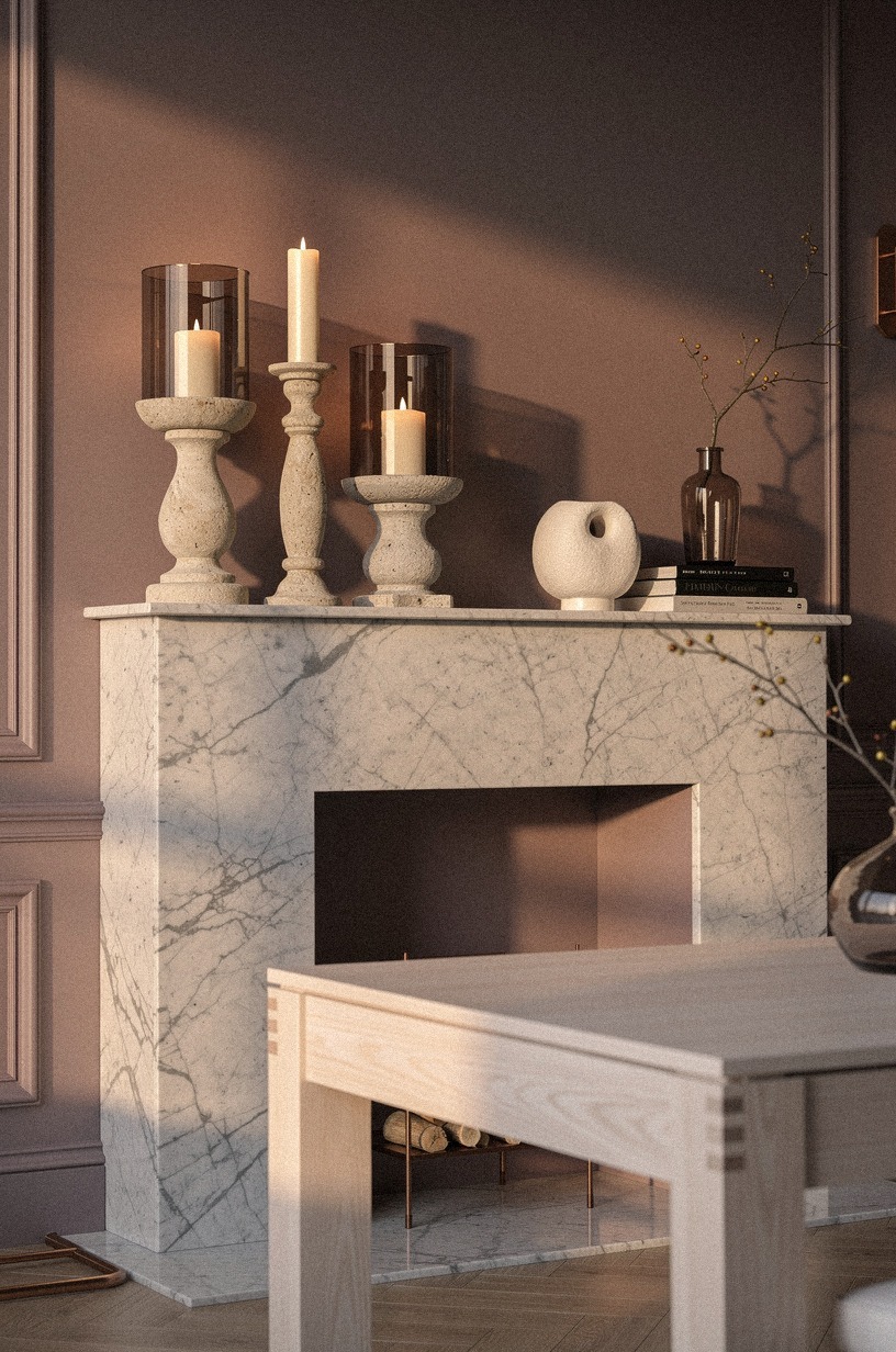 Mix stone candlesticks with smoked glass hurricanes