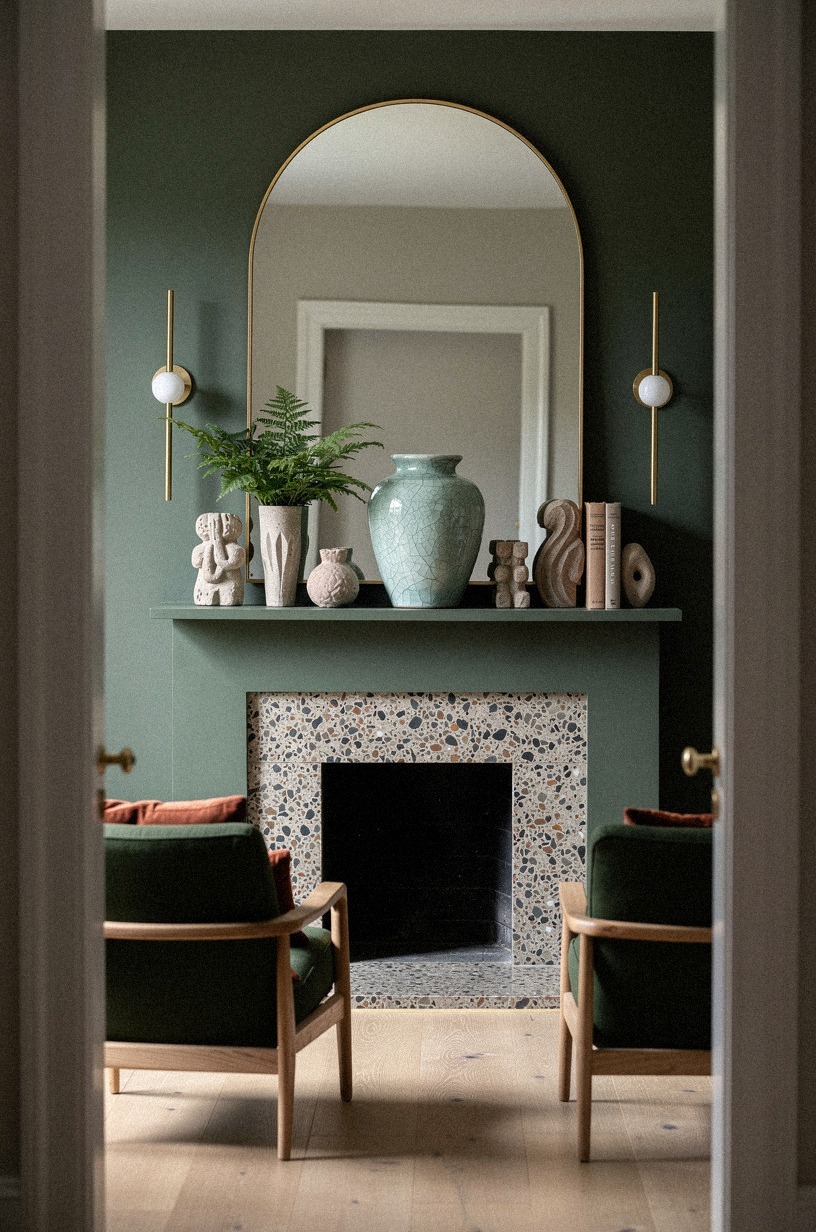 Center an arched mirror with slim brass sconces