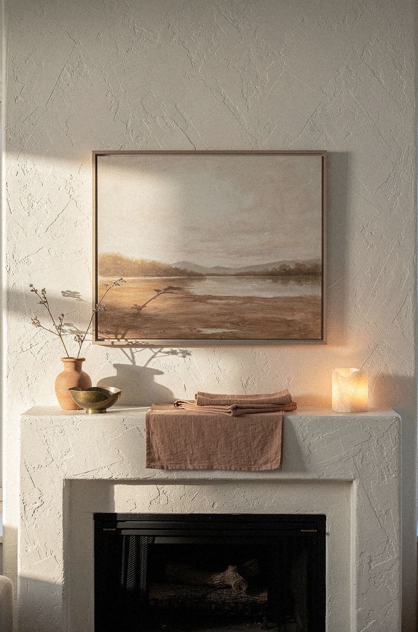 Anchor the shelf with one low landscape print