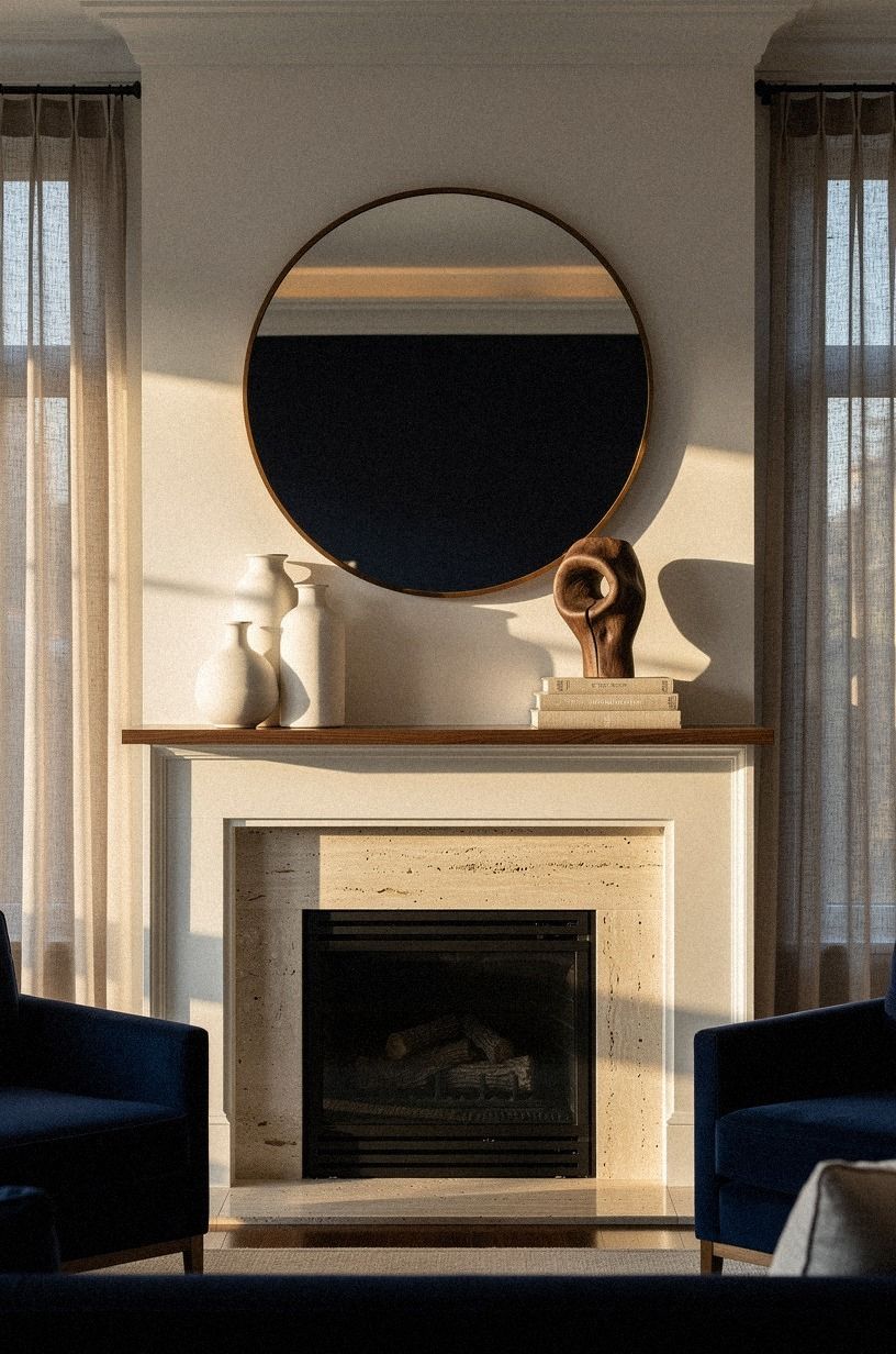 Hang a round mirror above short mantel decor