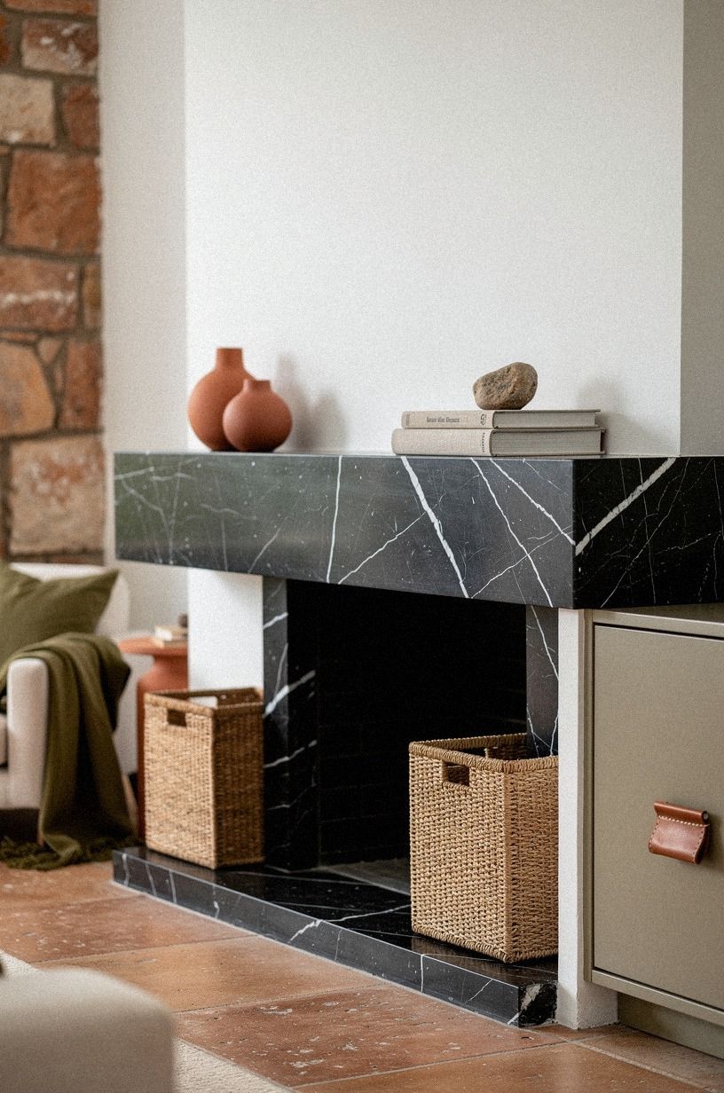 Frame the hearth with woven storage baskets