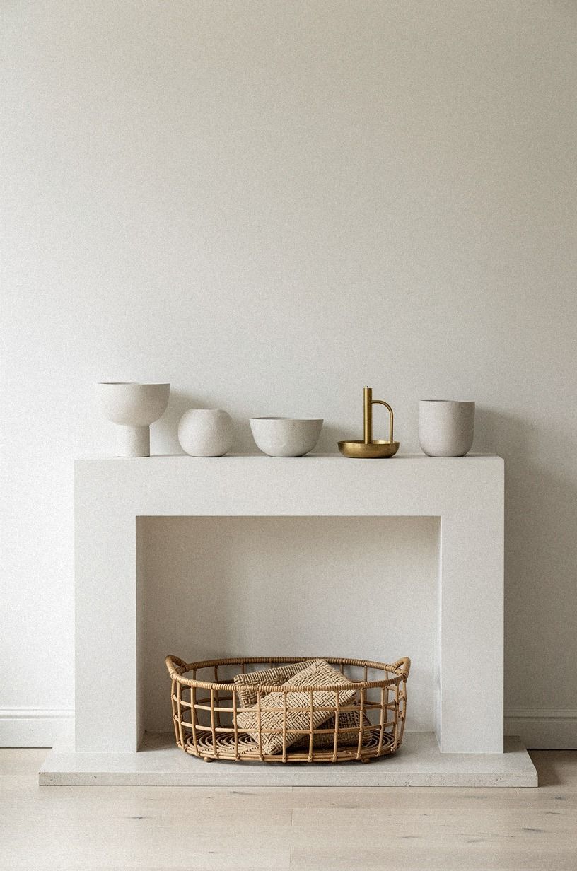 Place low plaster bowls along the shelf