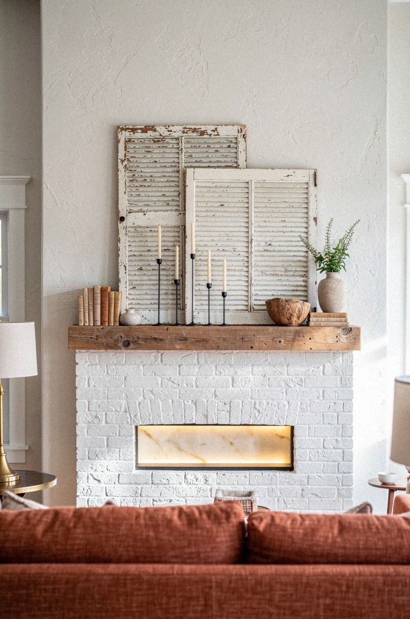 Layer chippy shutters behind iron candlesticks