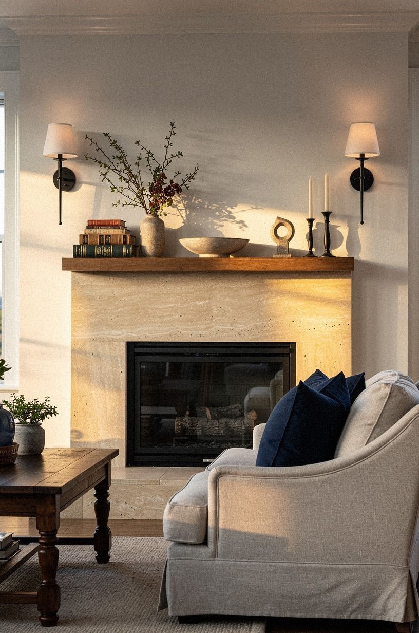 Bracket the shelf with matching farmhouse sconces