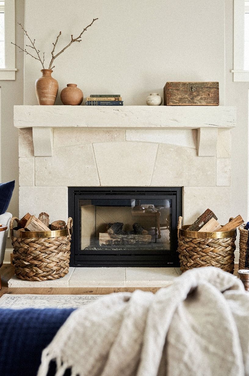 Frame the hearth with woven log baskets