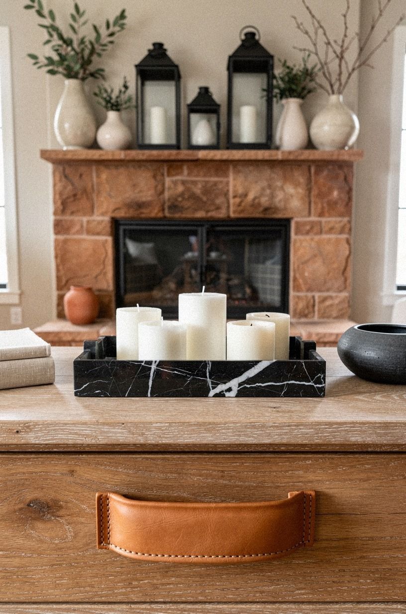 Mix black lanterns with creamy ceramic vases