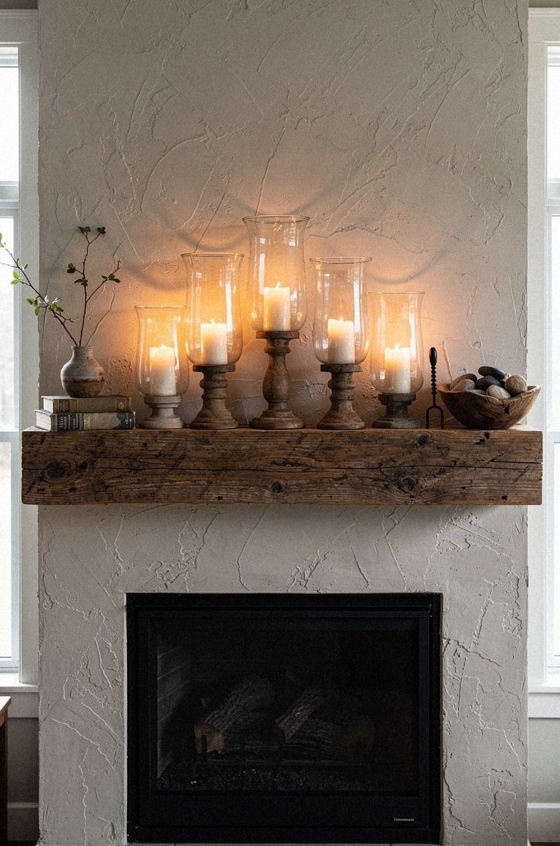 Group pillar candles inside vintage glass hurricanes