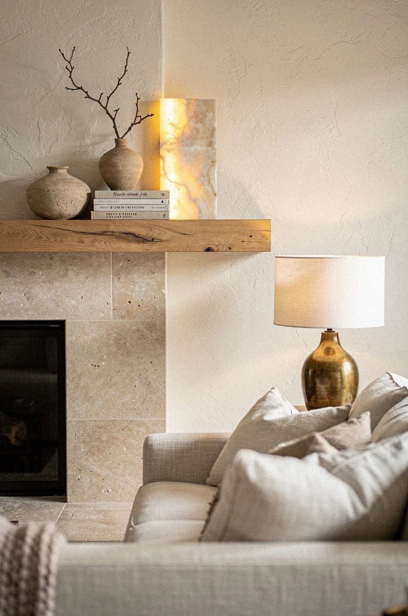 Float a chunky oak shelf over limestone
