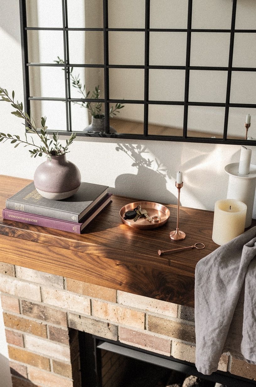 Hang a black grid mirror above brick