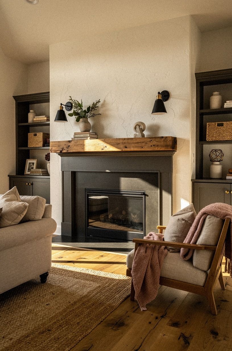 Bracket a reclaimed beam with iron sconces