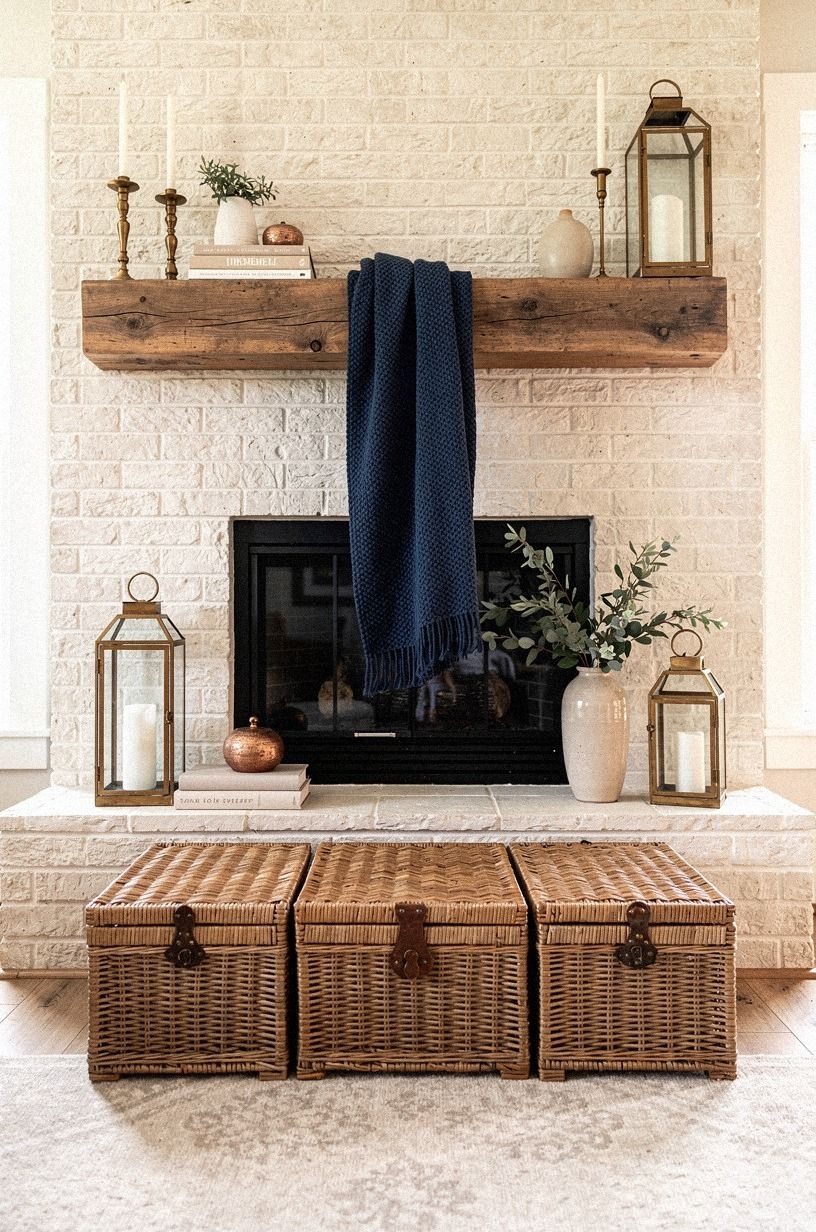 Ground the firebox with oversized wicker trunks
