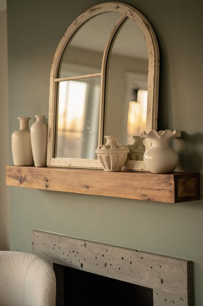 Lean arched window panels behind cream ceramics