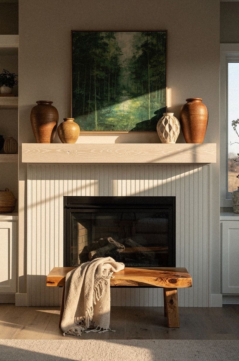 Add beadboard backing behind a floating mantel