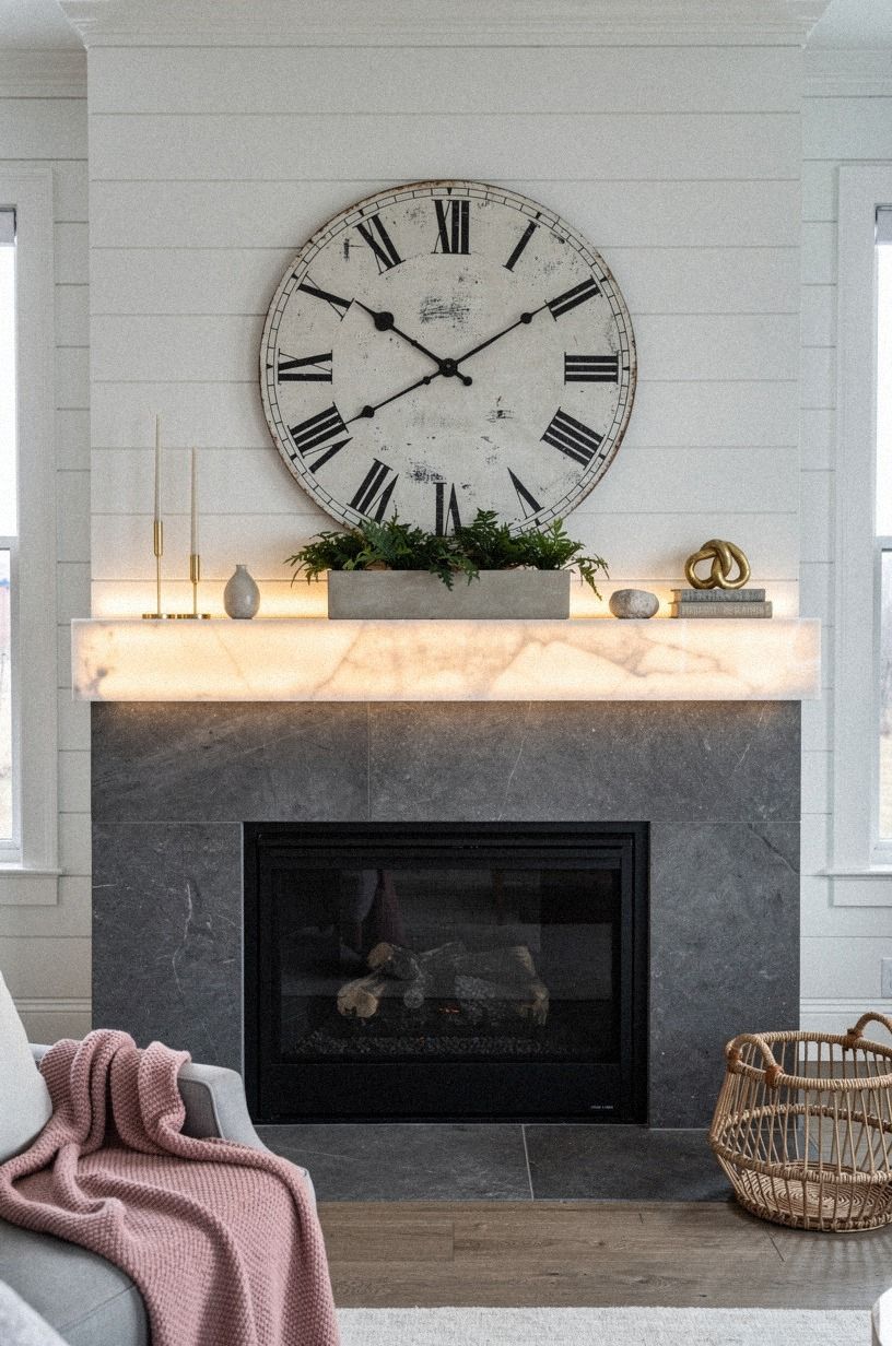 Balance an oversized clock with low greenery