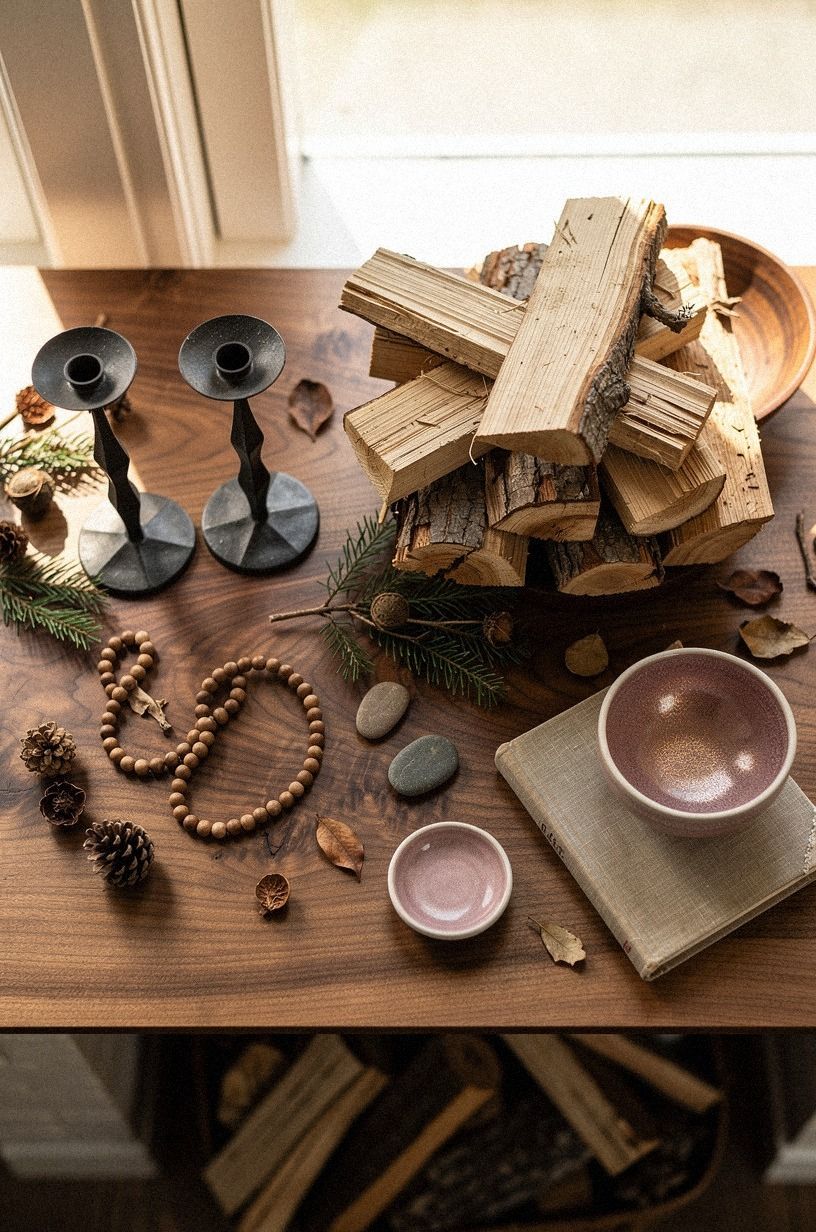 Layer iron candlesticks beside stacked firewood