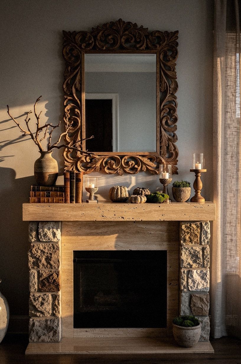 Hang a carved wood mirror over stone