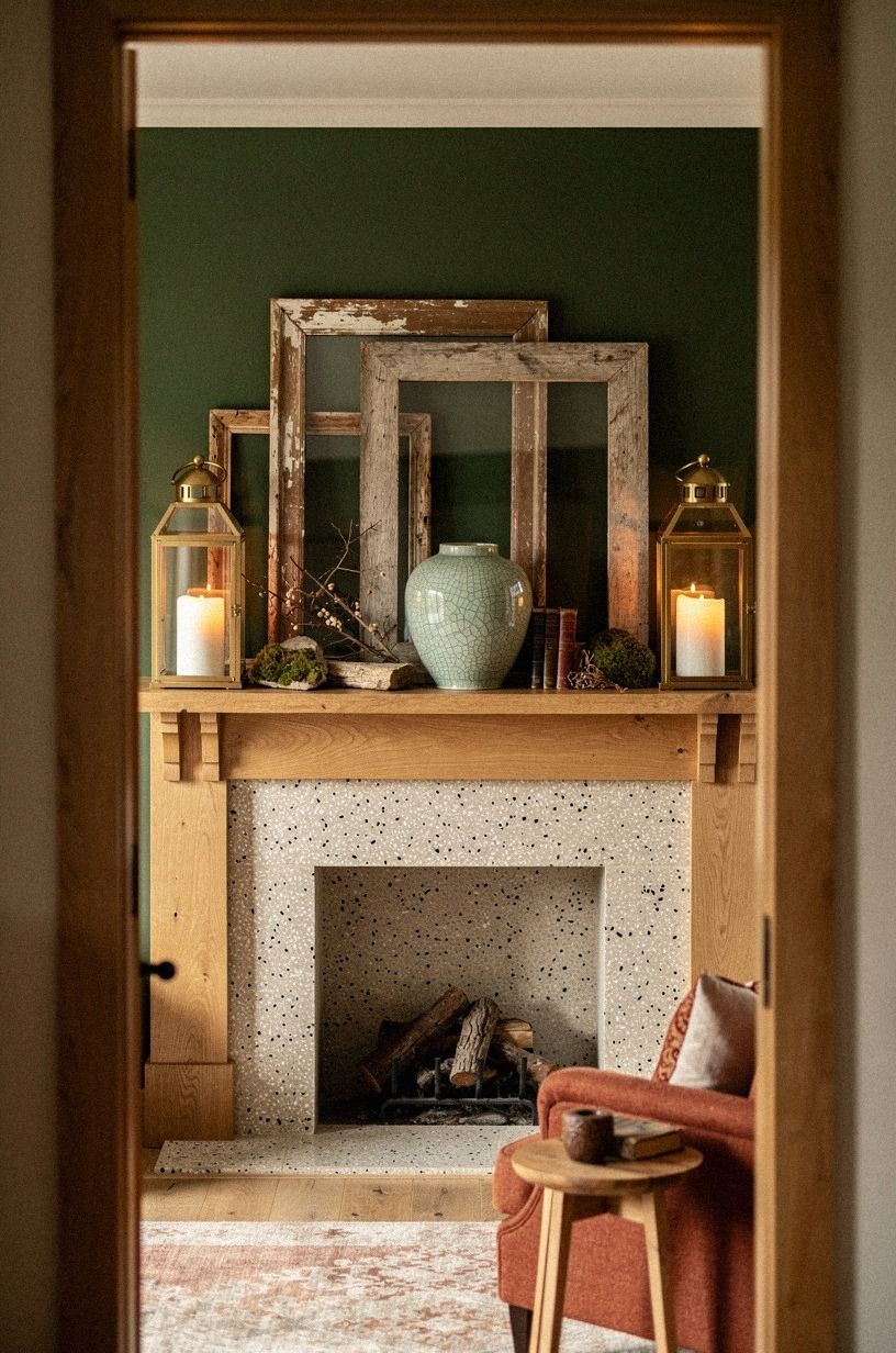 Lean weathered frames behind brass lanterns