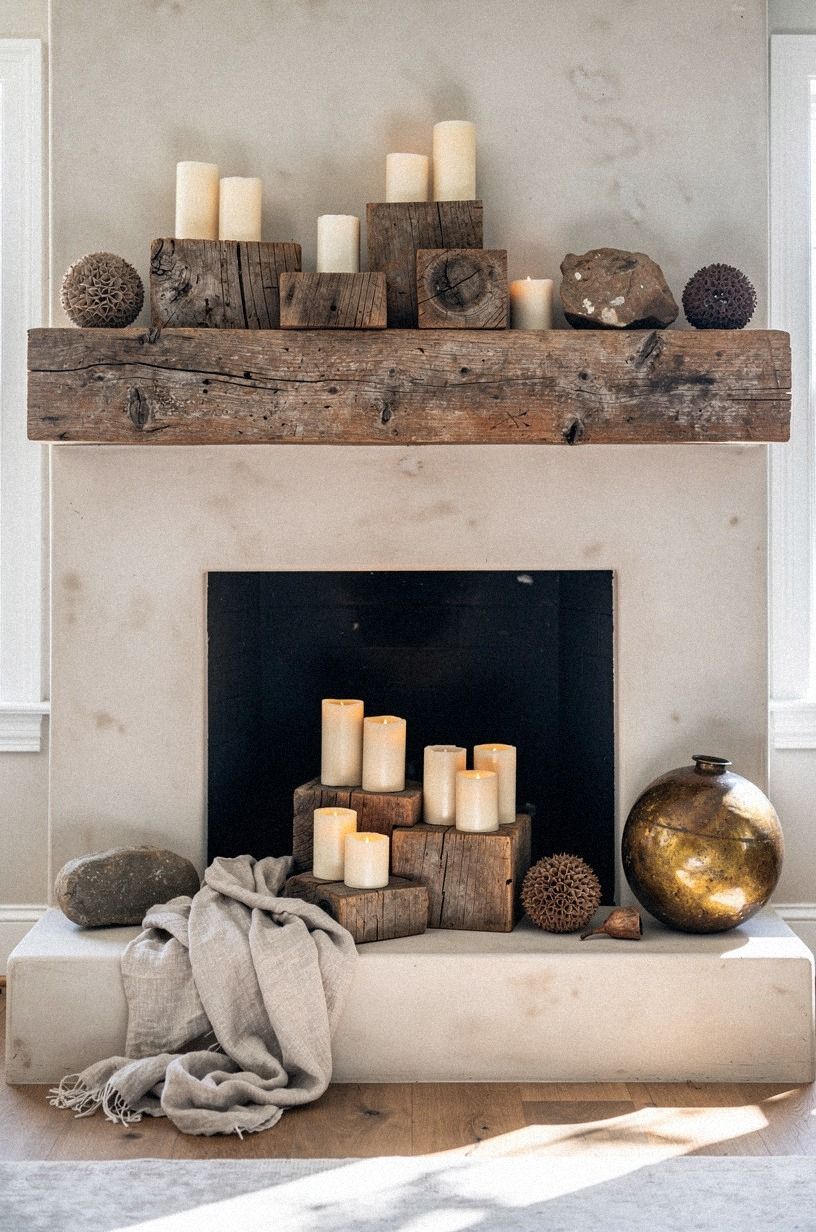 Place chunky pillar candles on reclaimed risers