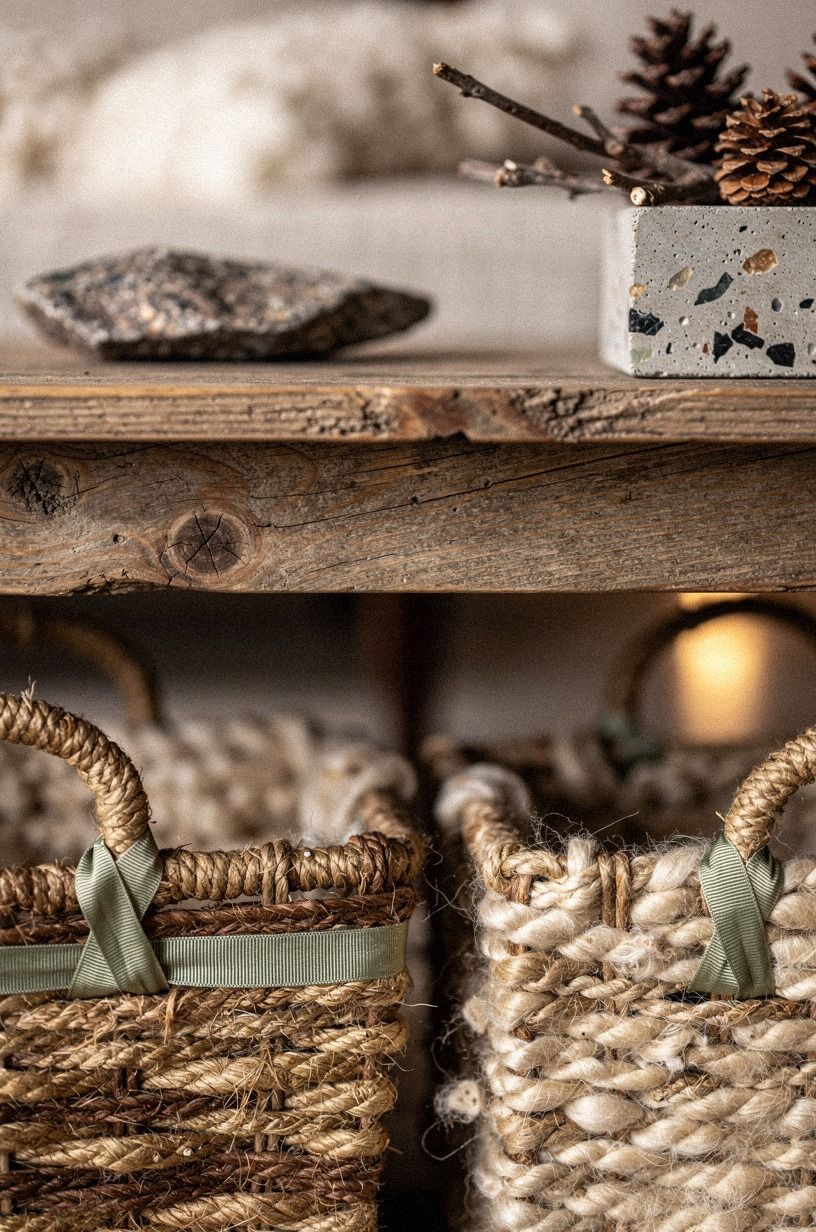 Frame the hearth with split-log baskets